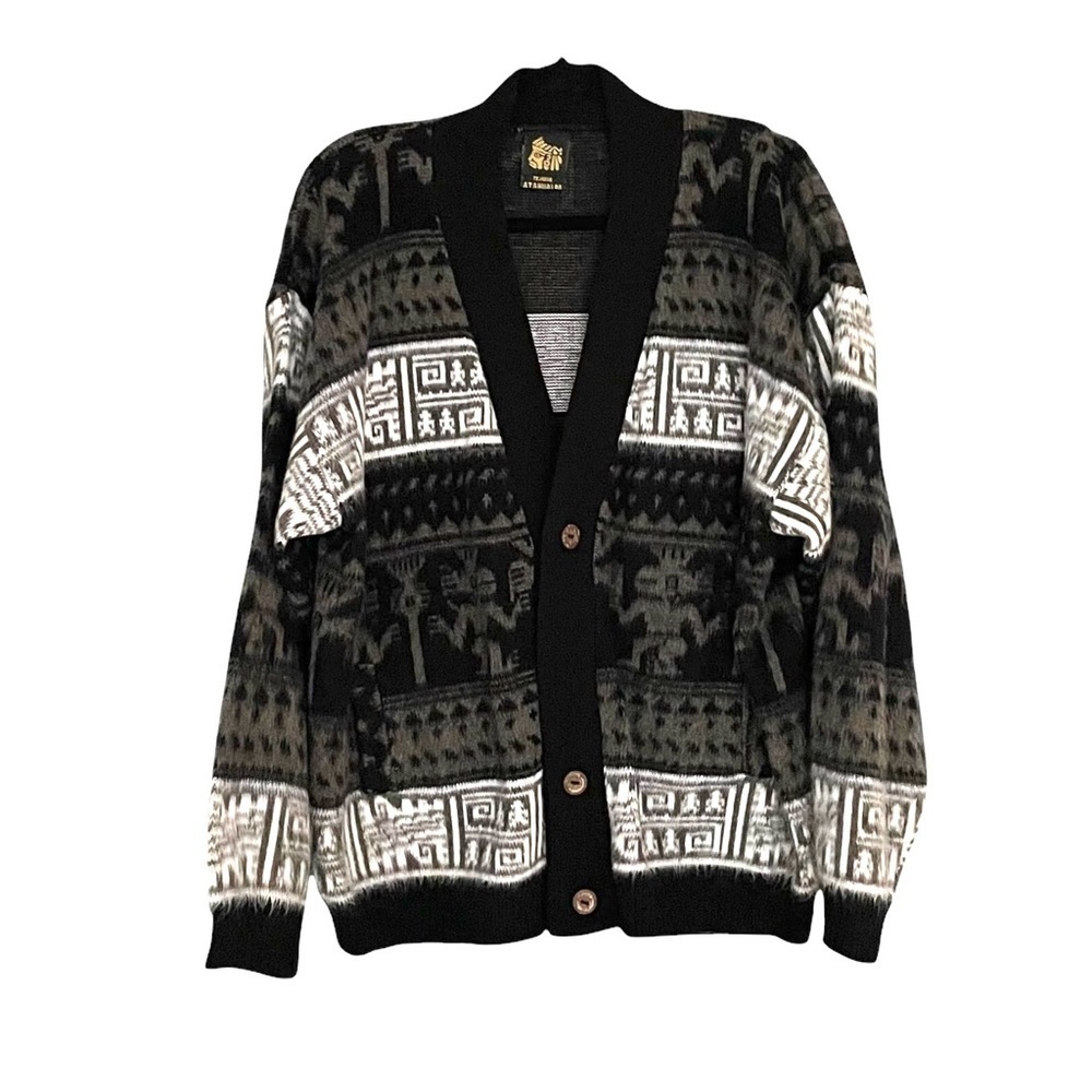 TEJIDOS ATAHUALPA Ecuador Wool Button Front Cardigan Sweater Gray Black XL